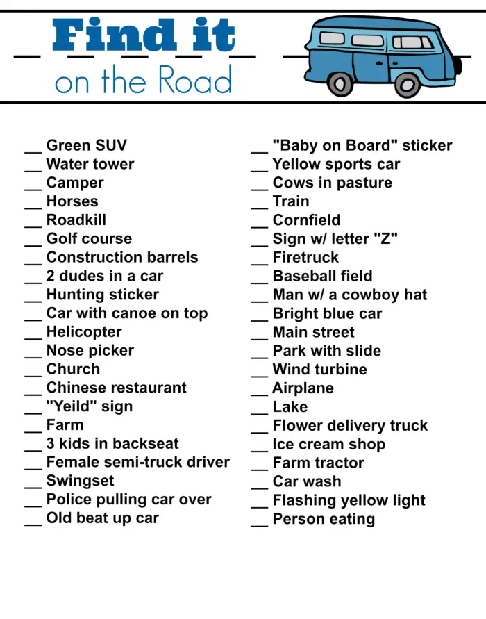 Find it on the Road Printable Road Trip Game