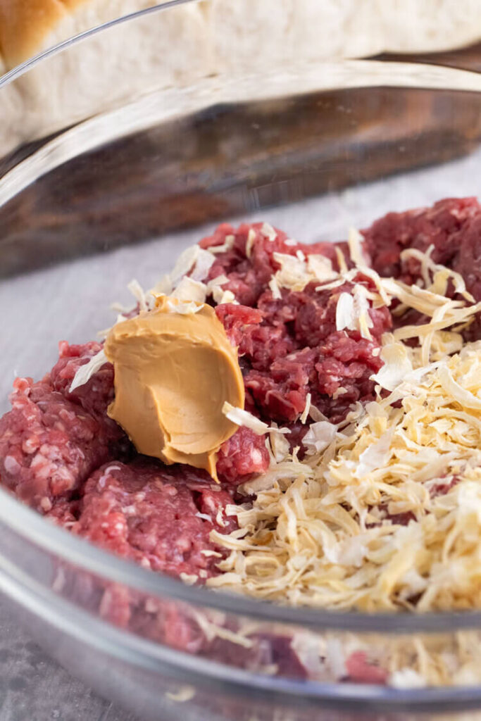 A bowl of ingredients for White Castle Burger Copycat Recipe.