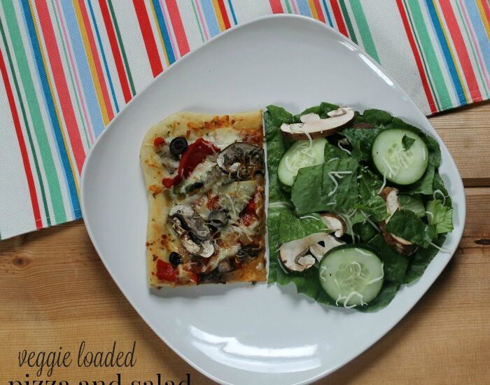 veggie loaded pizza and salad