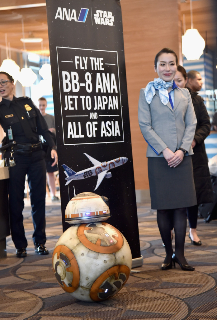 LOS ANGELES, CALIFORNIA - MARCH 28: ANA's BB-8 themed jet lands in Los Angeles in celebration of in-home release of STAR WARS: THE FORCE AWAKENS on March 28, 2016 in Los Angeles, California. (Photo by Alberto E. Rodriguez/Getty Images for Disney)