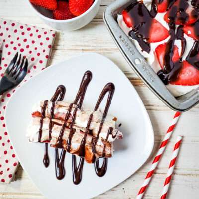 No Bake Strawberry Icebox Cake with Chocolate Syrup