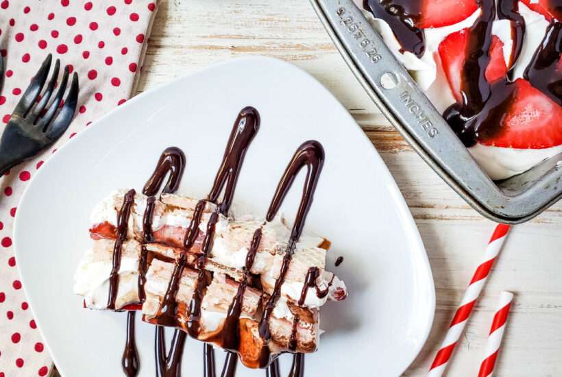 No Bake Strawberry Icebox Cake with Chocolate Syrup