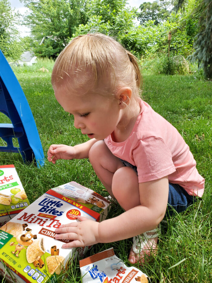 little girl in the grass with a box of Little BitesÂ® Mini Tarts