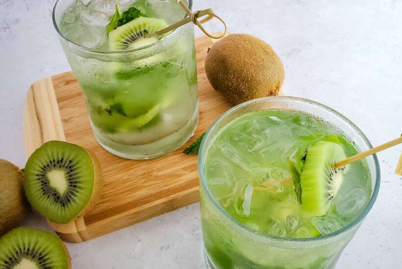 kiwi mojito with kiwi garnish on toothpick