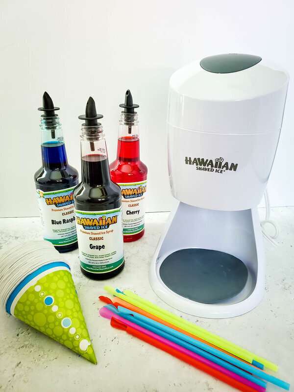 Hawaiian Shaved Ice machine with syrups, cones and straws