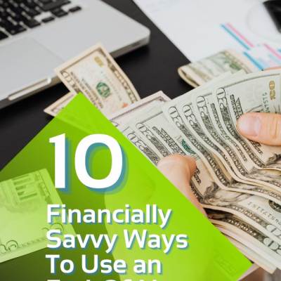 text: 10 Financially Savvy Ways To Use an End-Of-Year Bonus person holding money, computer on table