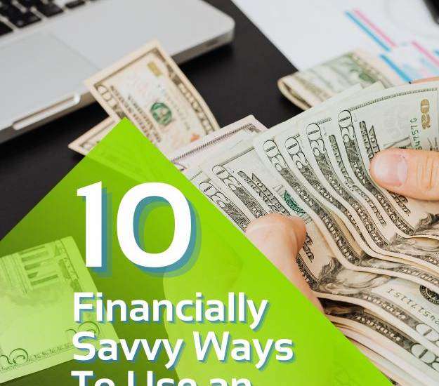 text: 10 Financially Savvy Ways To Use an End-Of-Year Bonus person holding money, computer on table