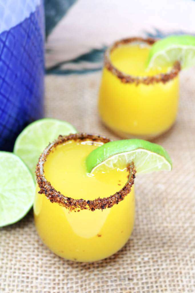 overhead shot of Double Trouble Shot with a lime