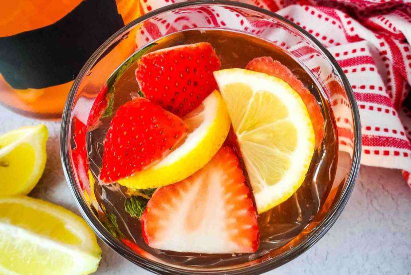 overhead image of Strawberry Mint Sangria in a glass