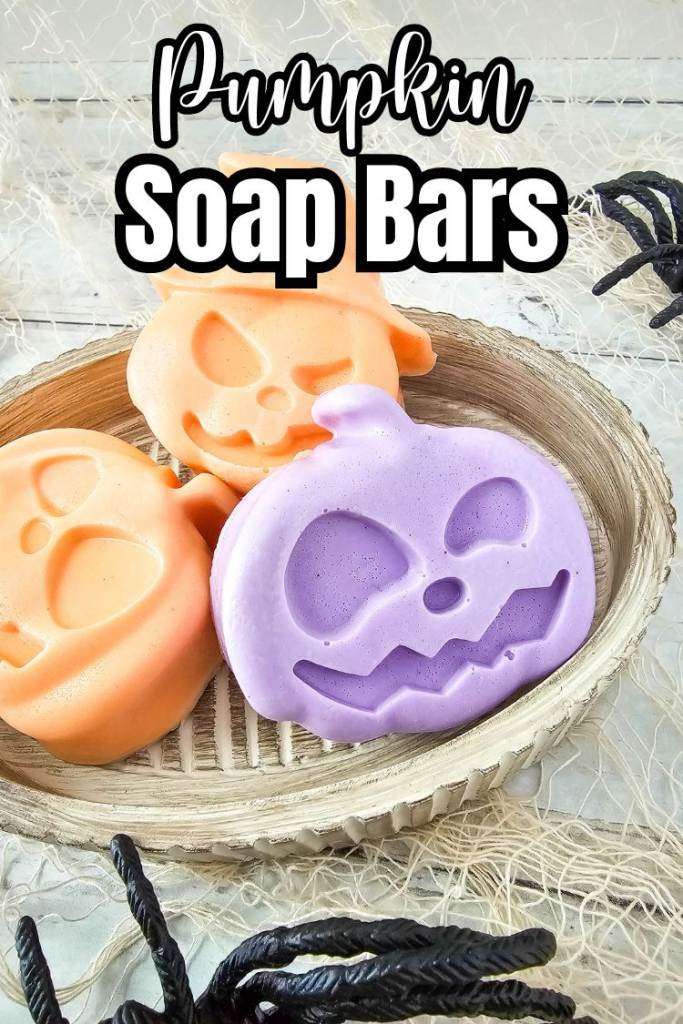 Pumpkin Soap Bars pin image with text in soap dish on webs