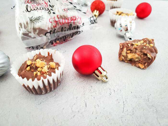 nut clusters with Christmas balls and decorative towel