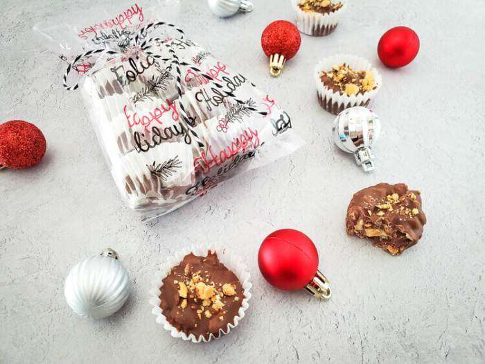 nut clusters with Christmas balls and decorative towel