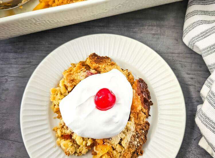 Pineapple Upside Down Dump Cake on a white plate