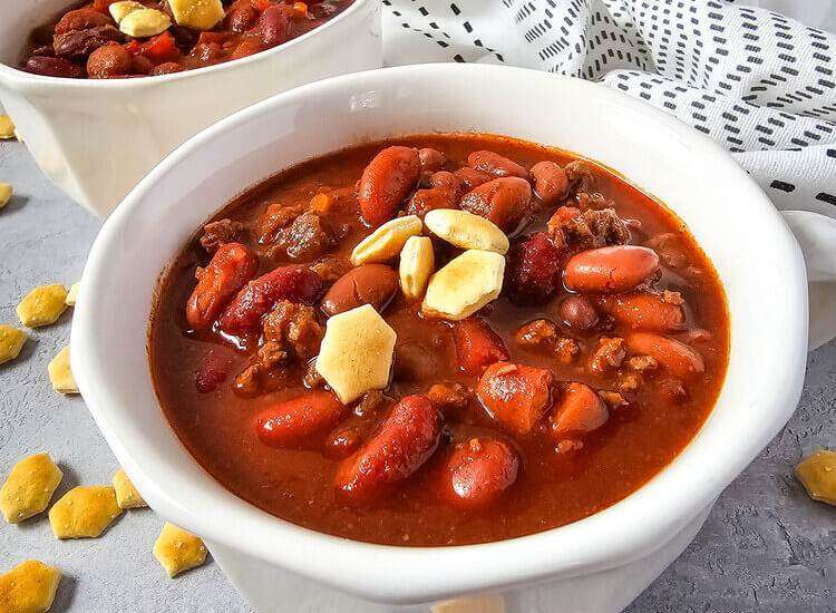 venison chili in a white bowl