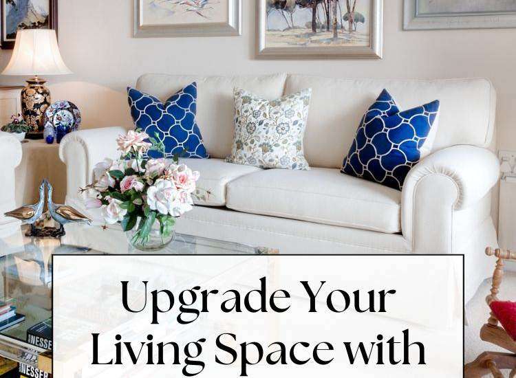 white couch with colorful pillows and other living room decor text: Upgrade Your Living Space with Modern Home Décor Inspirations