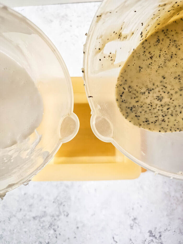 pouring the 2 soap bases together in the mold