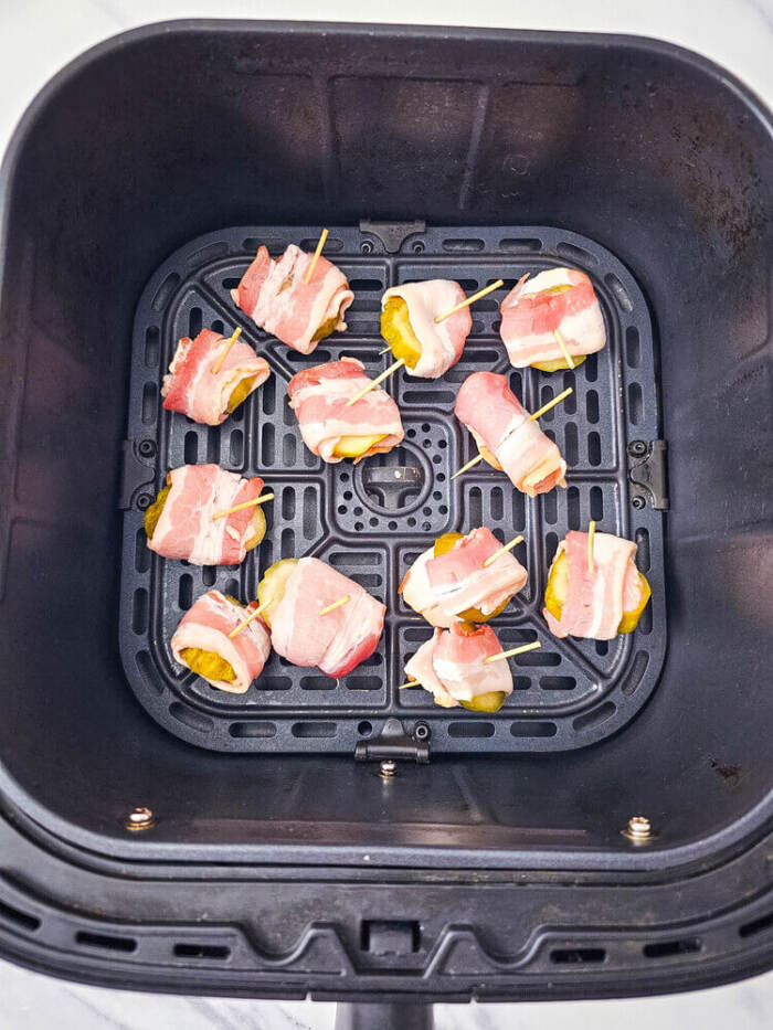 raw bacon wrapped dilly bites in the air fryer