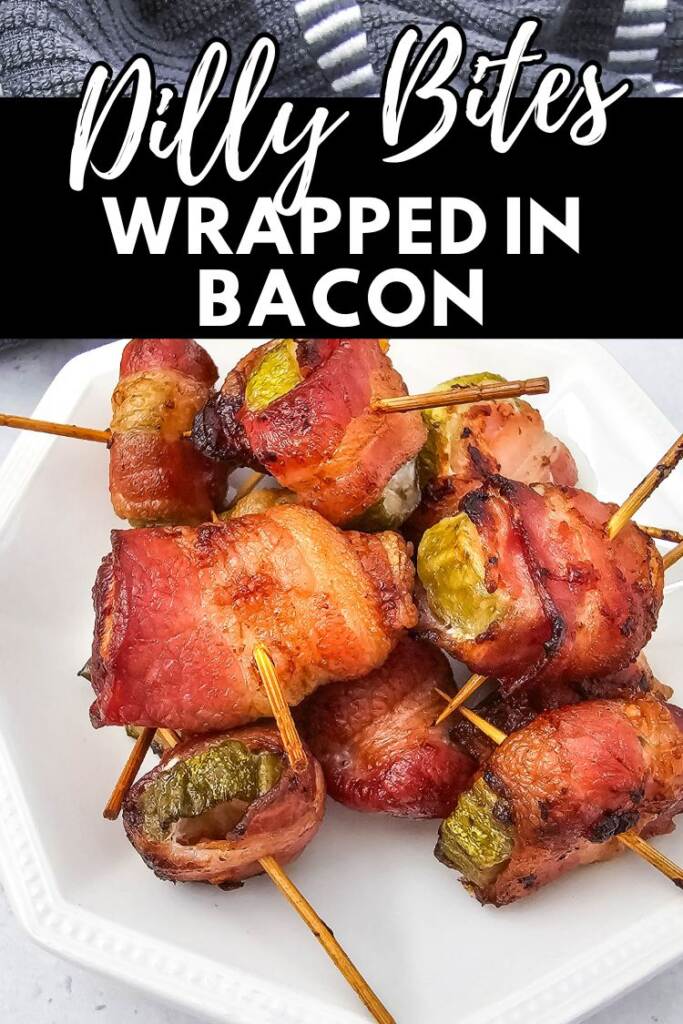 pickles wrapped in bacon on wite plate - text: Dilly Bites Wrapped in Bacon