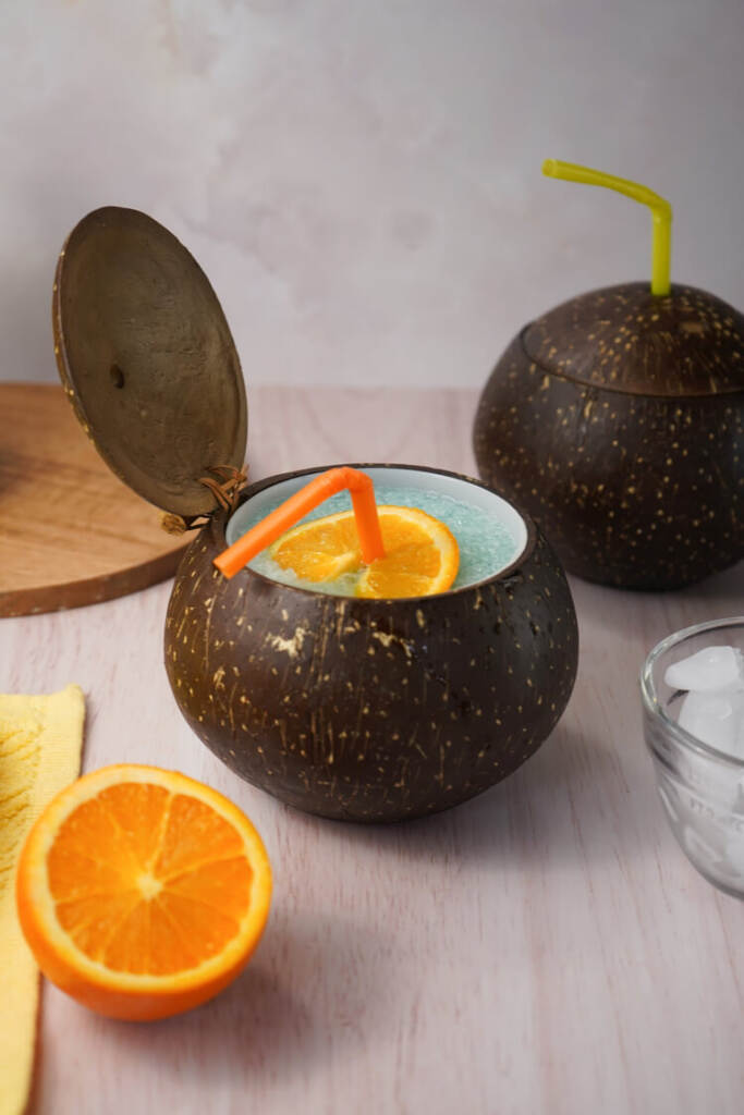 Frozen Blue Cocktails with Vodka in a coconut cup
