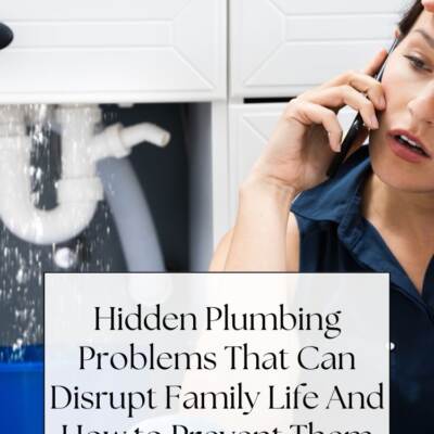 text: Hidden Plumbing Problems That Can Disrupt Family Life And How to Prevent Them - woman by plumbing pipes talking on a phone