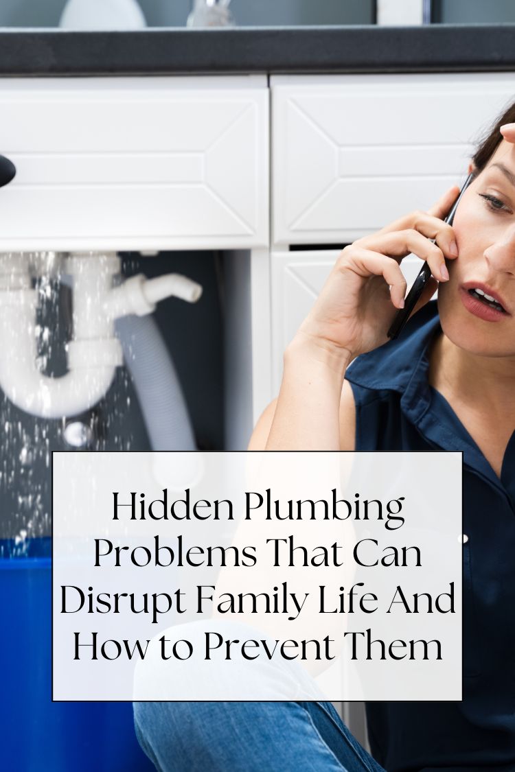 text: Hidden Plumbing Problems That Can Disrupt Family Life And How to Prevent Them - woman by plumbing pipes talking on a phone