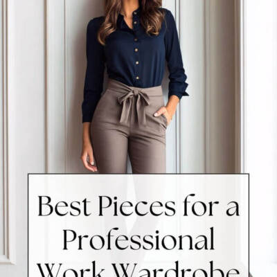 woman in glue blouse and khacki colored pants leaning against a wall - text: Best Pieces for a Professional Work Wardrobe