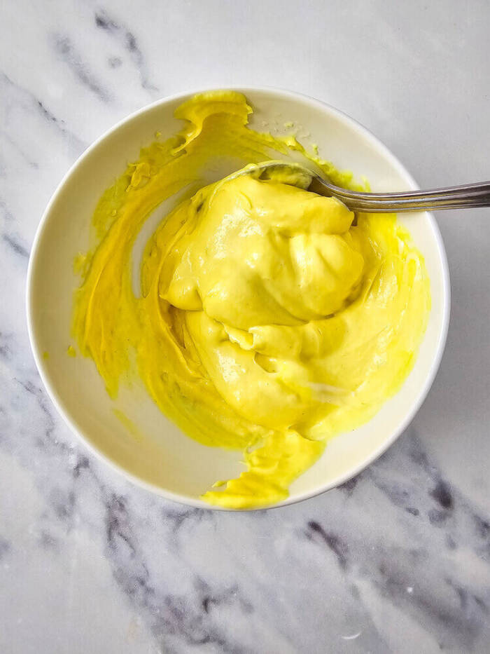 Deviled egg filling mixed until smooth and creamy.