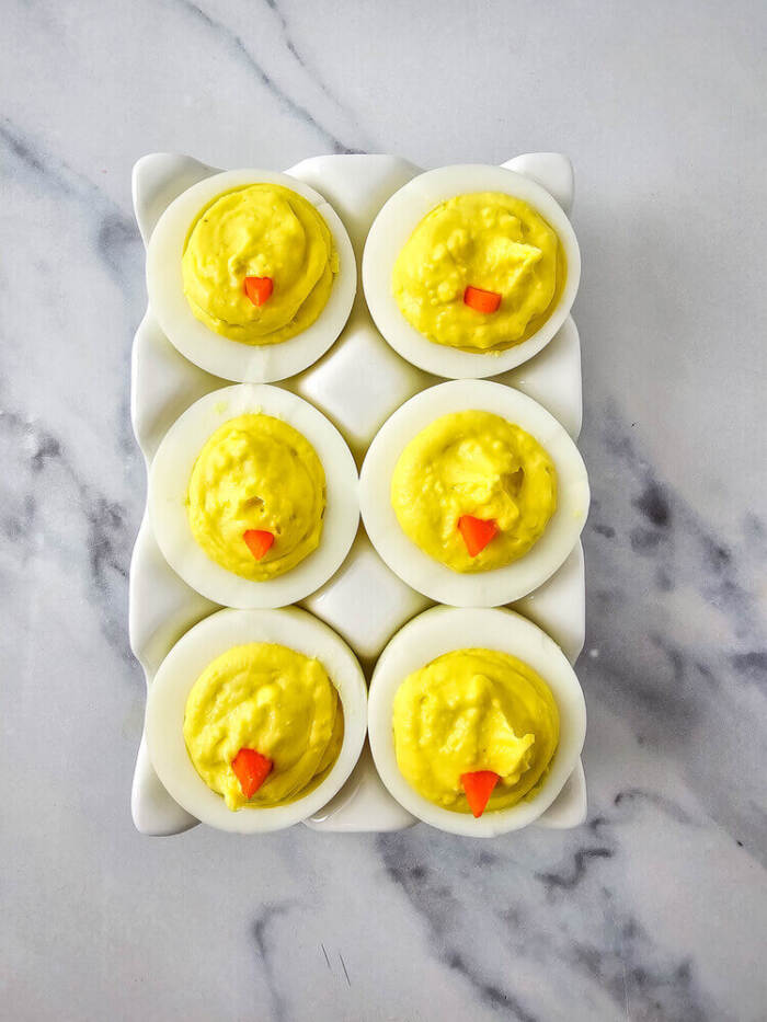 Assembled Easter Chick Deviled Eggs before adding faces.