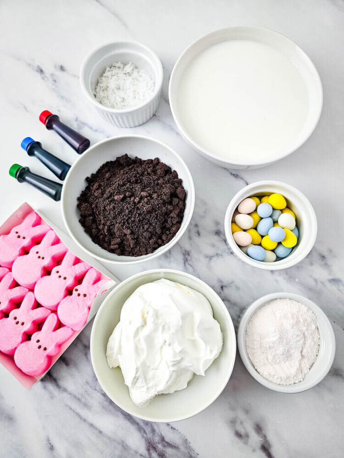 Ingredients laid out for making Easter Peeps Dirt Cups.