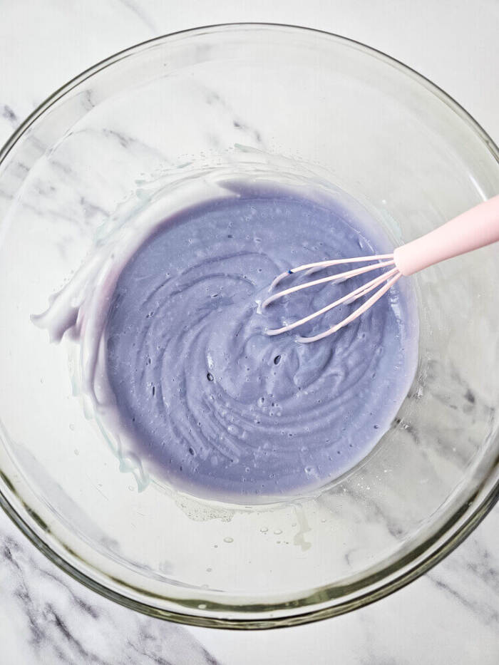 Colored pudding whisked smooth for Easter dirt cups.
