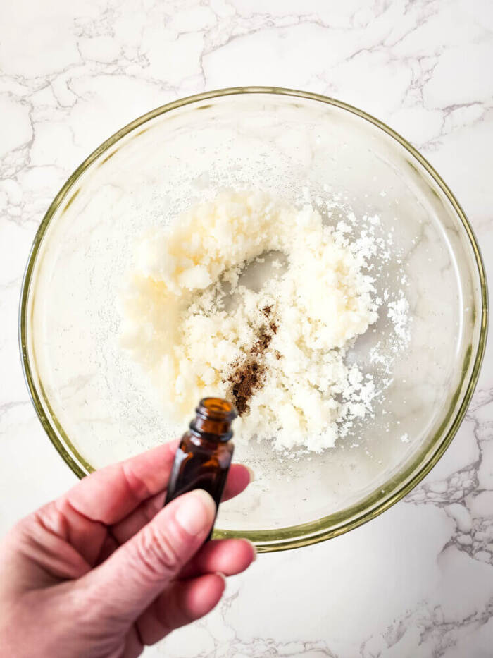 Essential oil added to lemon vanilla sugar scrub mixture.