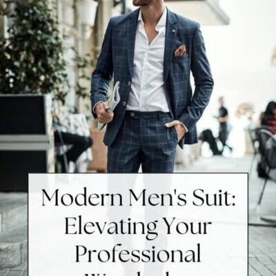 Man in suit on street - text: Modern Men's Suit Elevating Your Professional Wardrobe