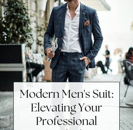 Man in suit on street - text: Modern Men's Suit Elevating Your Professional Wardrobe