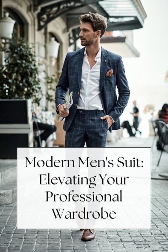 Man in suit on street - text: Modern Men's Suit Elevating Your Professional Wardrobe