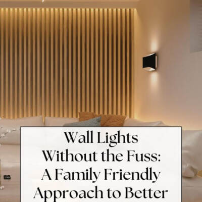 white sectional sofa with side light on wall - text: Wall Lights Without the Fuss: A Family Friendly Approach to Better Lighting