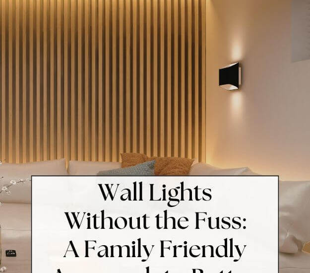 white sectional sofa with side light on wall - text: Wall Lights Without the Fuss: A Family Friendly Approach to Better Lighting