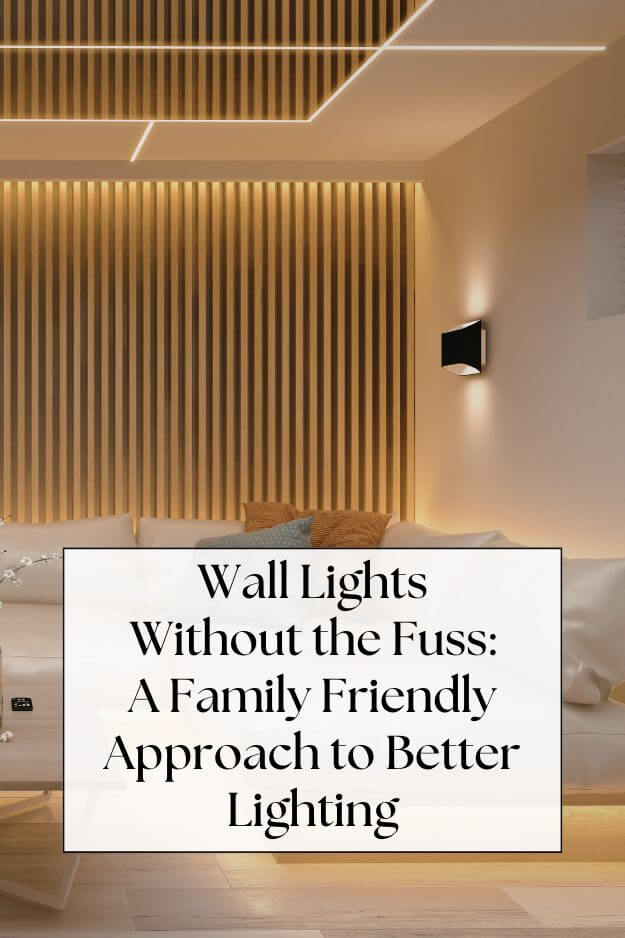 white sectional sofa with side light on wall - text: Wall Lights Without the Fuss: A Family Friendly Approach to Better Lighting