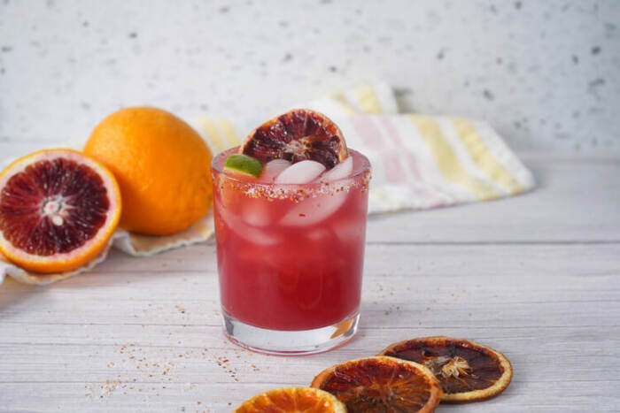 Blood orange margarita cocktail with chili salt rim, fresh blood oranges, and dried citrus slices.