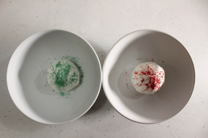 Bubble bath bar dough divided with mica powder added for color