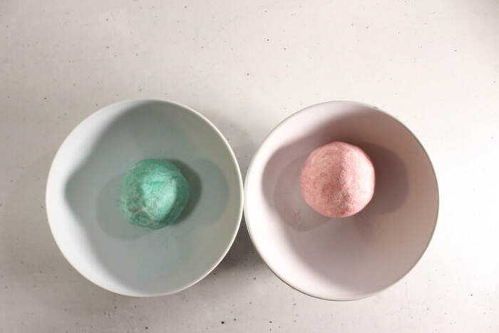 Green and pink bubble bath bar dough fully colored