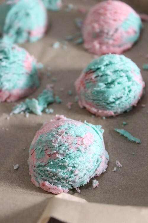 Close up of pastel bubble bath bars drying
