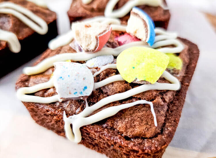 Close up of Easter brownies with crushed Robin Eggs