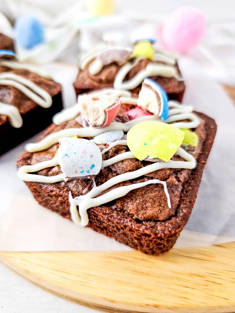 Close up of Easter brownies with crushed Robin Eggs