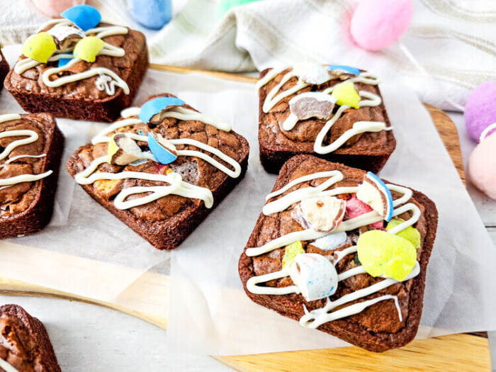 Easter brownies arranged on parchment paper