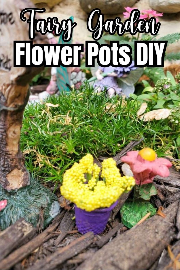 diy flower pot for fairy garden on wood mulch