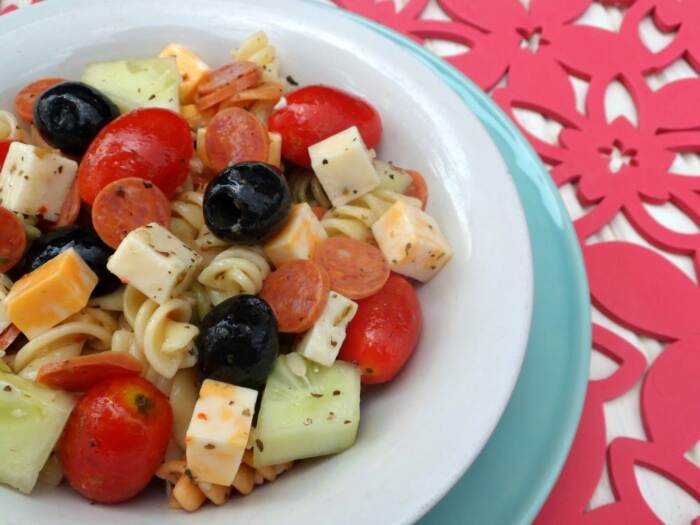 pasta salad in white dish