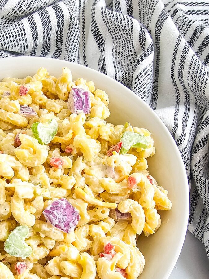 pasta salad in white bowl