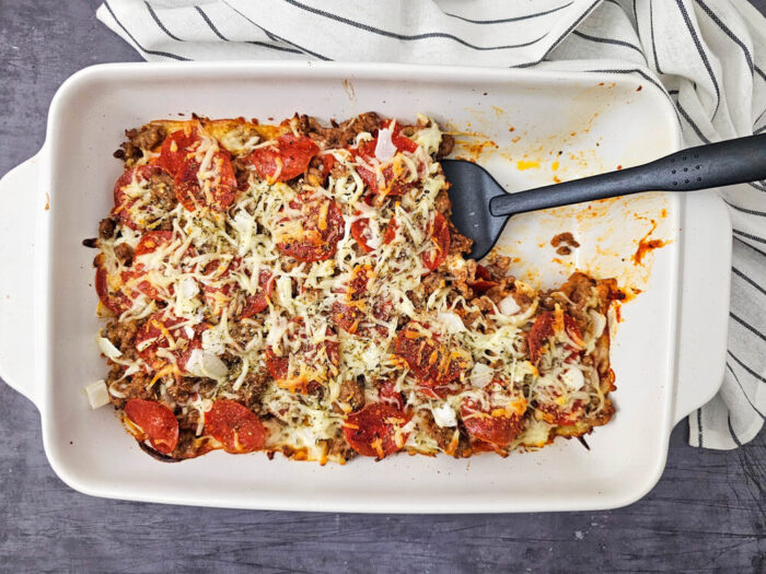 Biscuit pizza casserole in a baking dish.