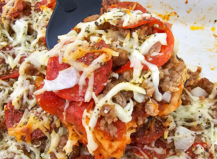 Close up look of biscuit pizza casserole.