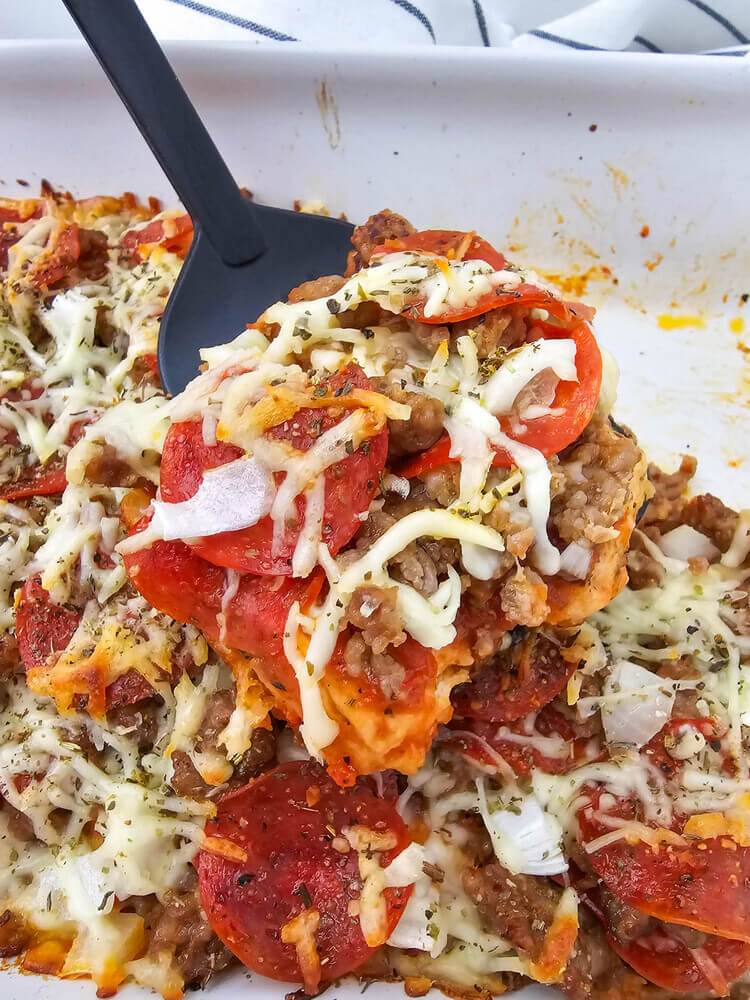 Close up look of biscuit pizza casserole.